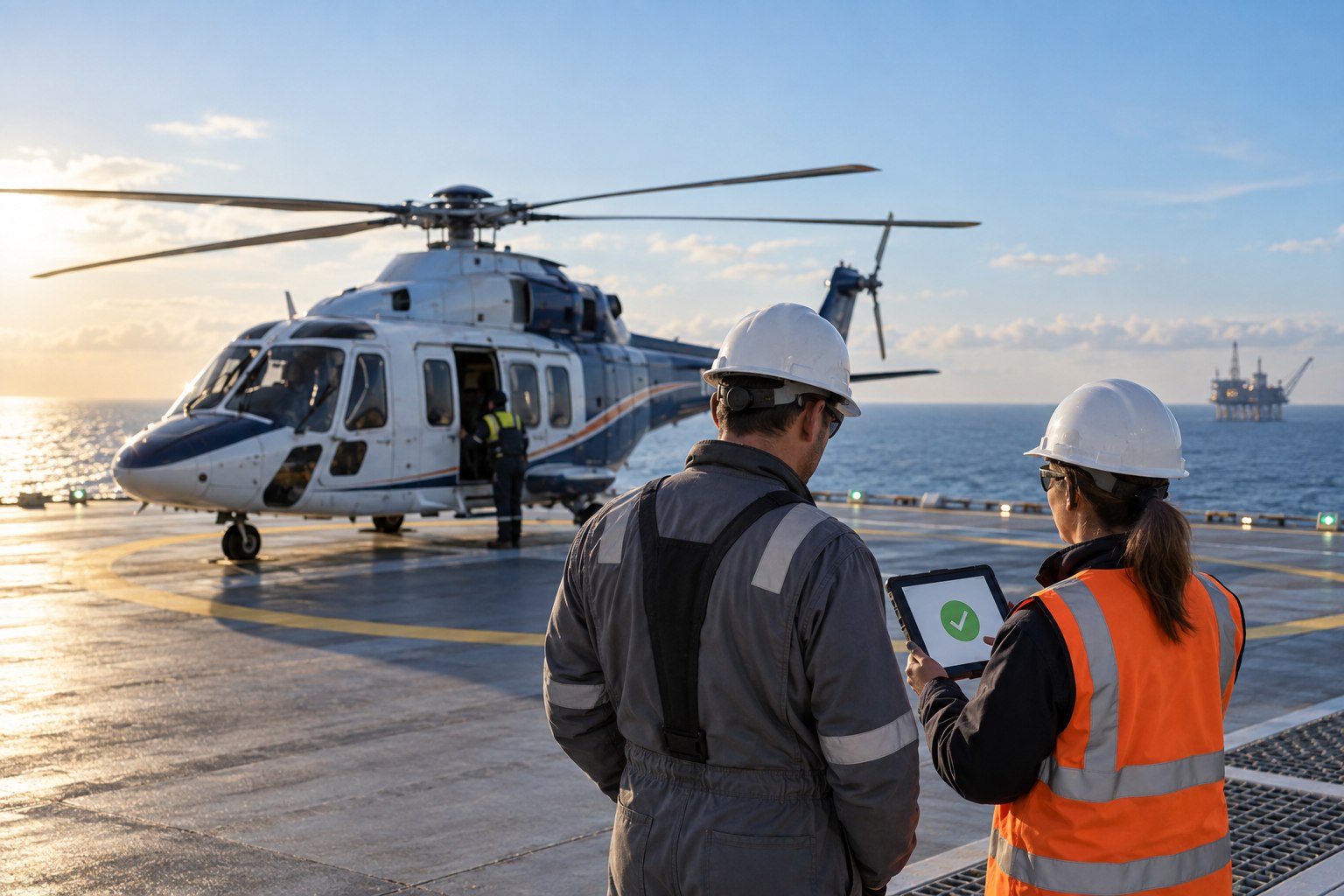 An offshore passenger and coordinator review a compliance result beside a helicopter before departure.